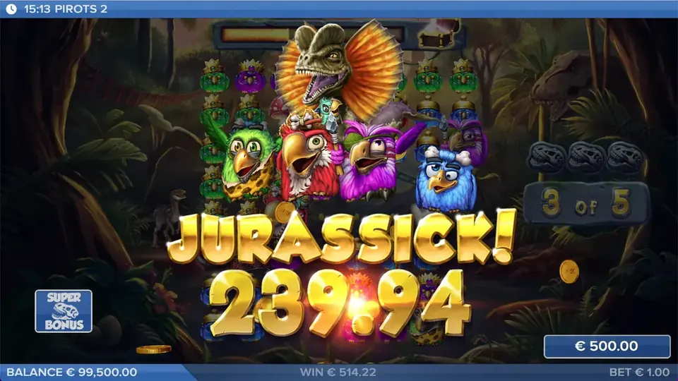 Pantalla de victoria Jurassick de Pirots 2 con animación de victoria