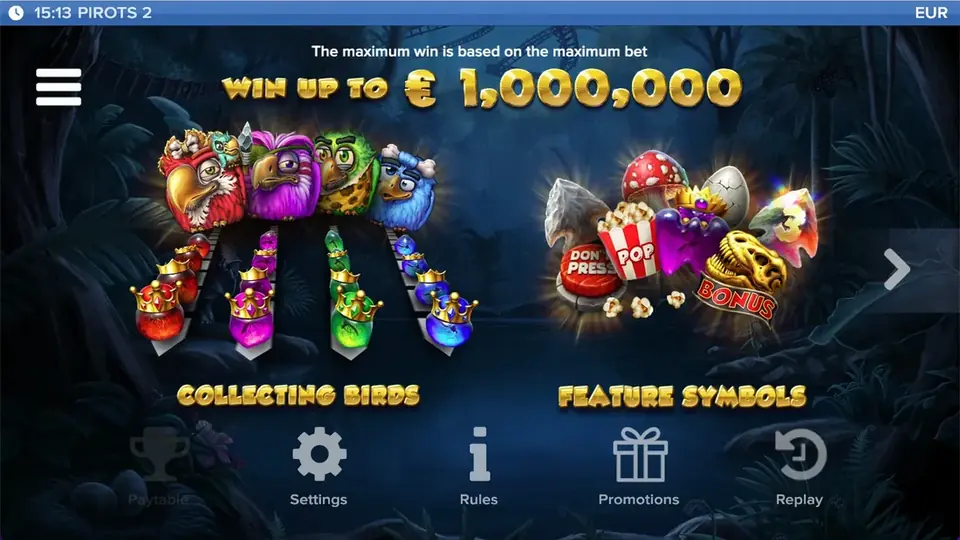 Tabla de pagos de Pirots 2 nivel 1 con símbolos y valores