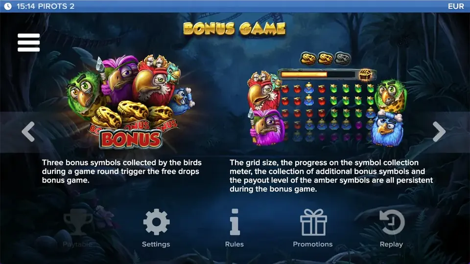 Tabla de pagos de Pirots 2 nivel 5 con símbolos y valores