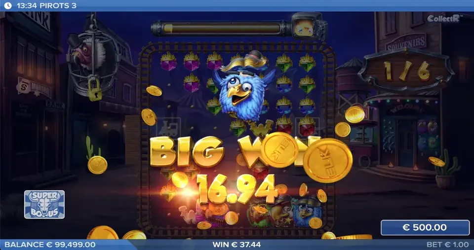 Pantalla de gran victoria de Pirots 3 con animación de ganancia