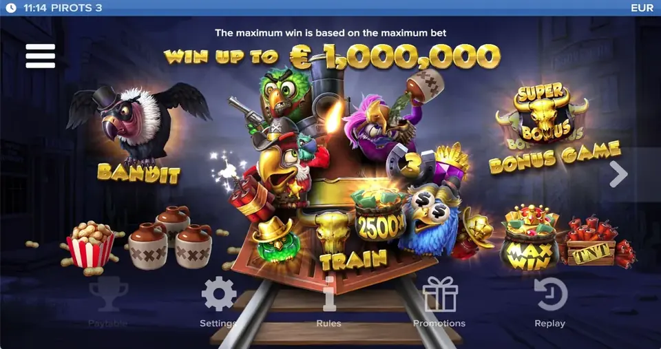 Tabla de pagos de Pirots 3 nivel 1 con símbolos y valores