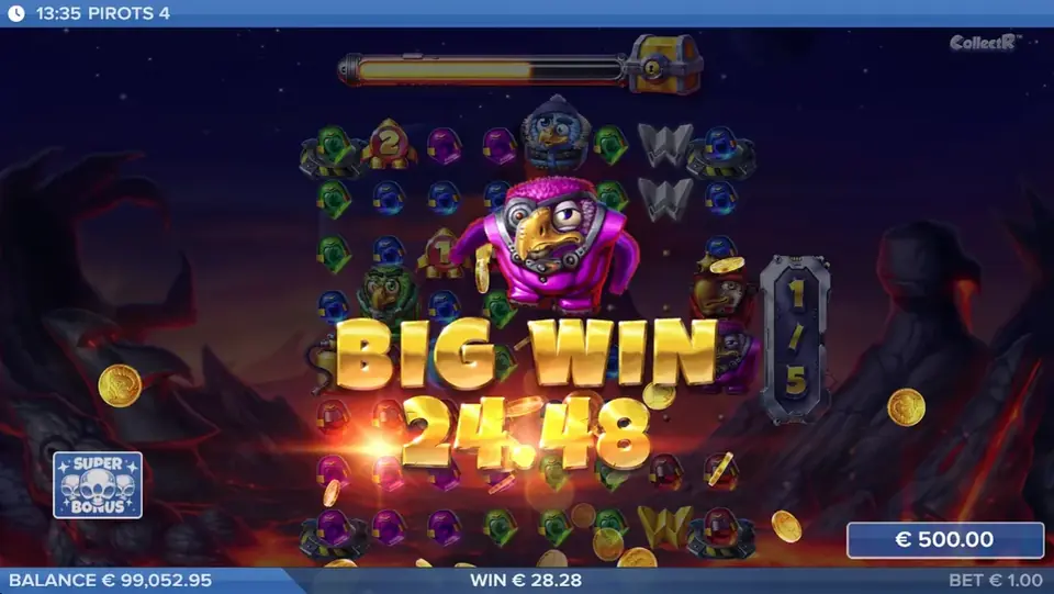 Pantalla de gran victoria de Pirots 4 con animación de victoria en Inferno