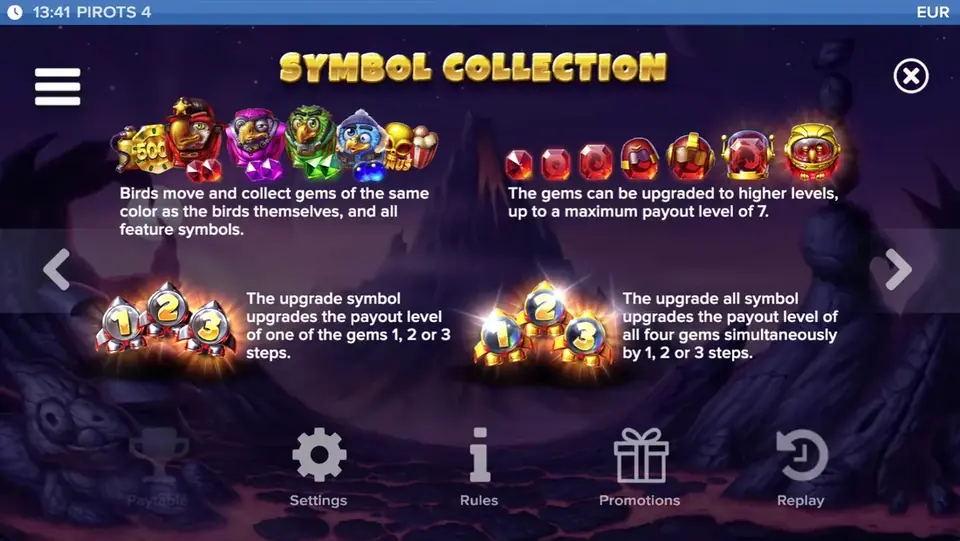 Tabla de pagos de Pirots 4 nivel 2 con símbolos y valores en Inferno