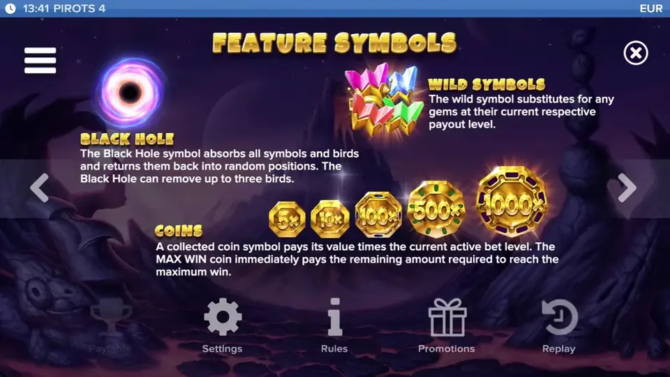 Tabla de pagos de Pirots 4 nivel 3 con símbolos y valores en Inferno
