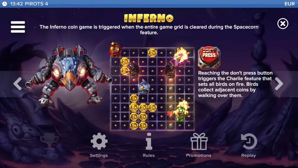 Tabla de pagos de Pirots 4 nivel 7 con símbolos y valores en Inferno