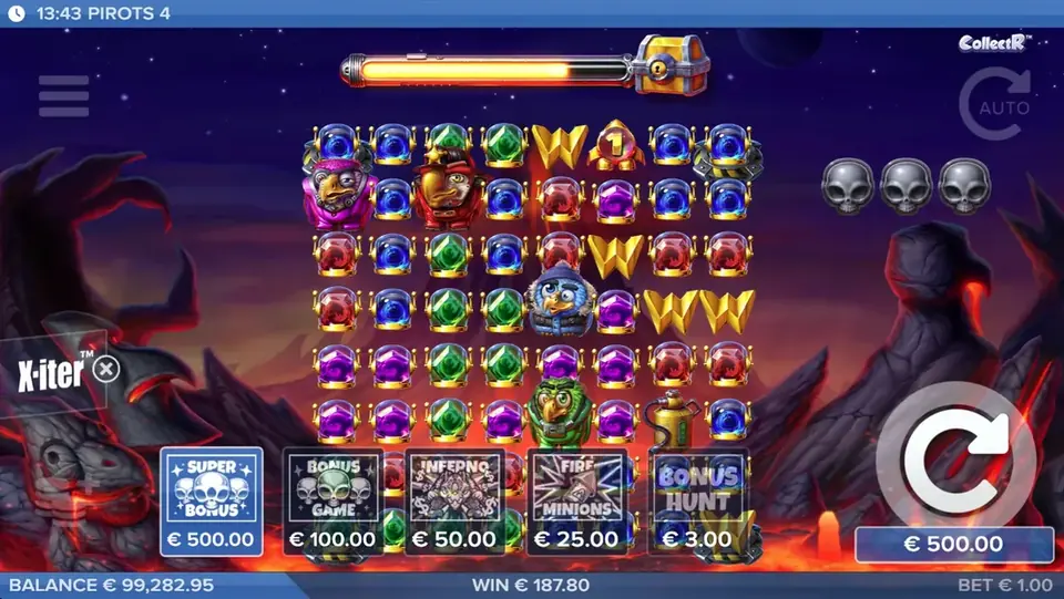 Pantalla de inicio de Pirots 4 en modo demo para el mundo Inferno