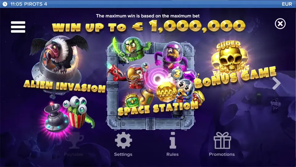 Tabla de pagos de Pirots 4 nivel 1 con símbolos y valores en Lost in Space