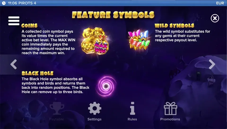 Tabla de pagos de Pirots 4 nivel 3 con símbolos y valores en Lost in Space