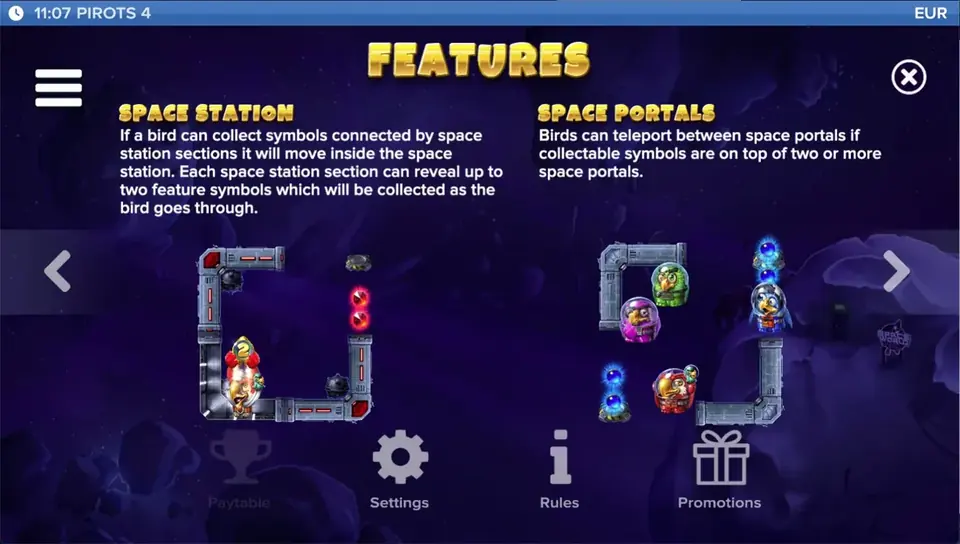 Tabla de pagos de Pirots 4 nivel 6 con símbolos y valores en Lost in Space