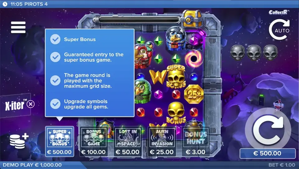 Modo de compra X-iter de Pirots 4 con todos los niveles de precio en Lost in Space