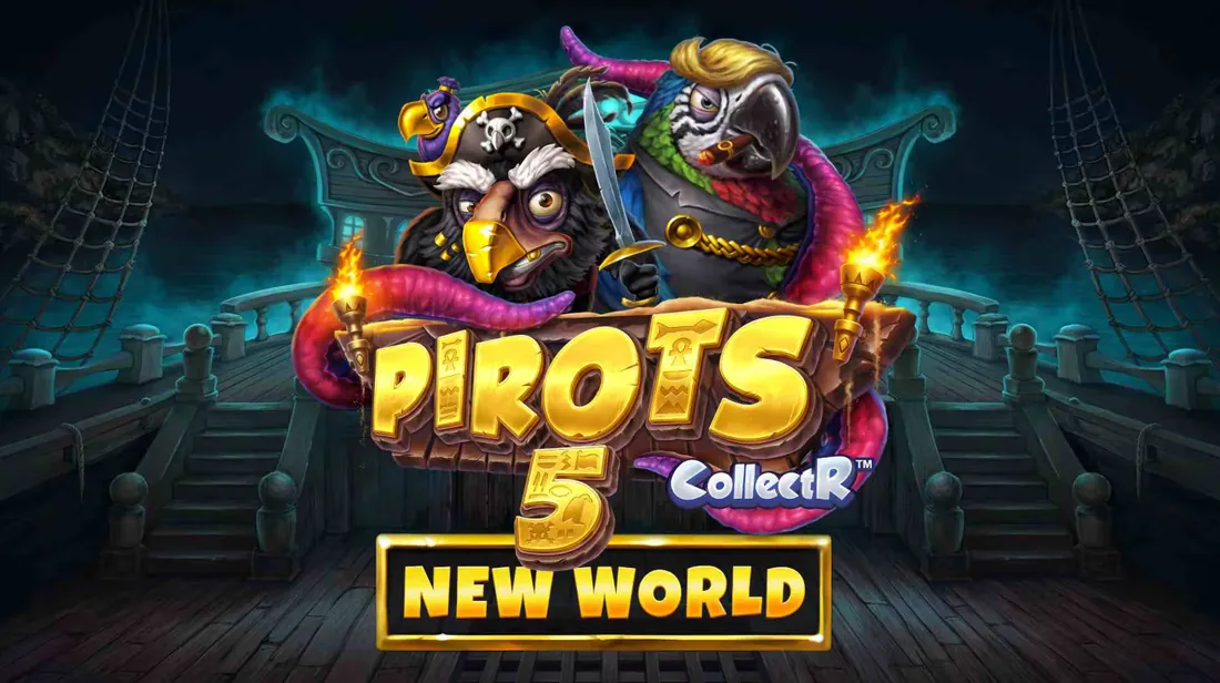 Banner promocional de Pirots 5 New World con Captain Redfeather, Aaron y los tentáculos del Kraken