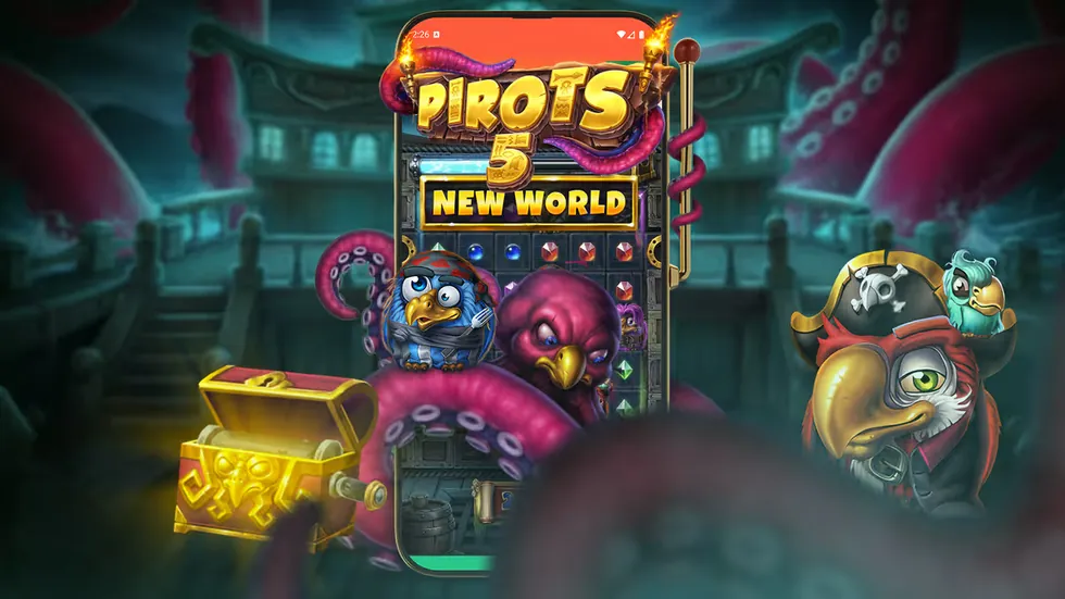 Pirots 5 The Kraken en un móvil con el tablero, un cofre y los tentáculos
