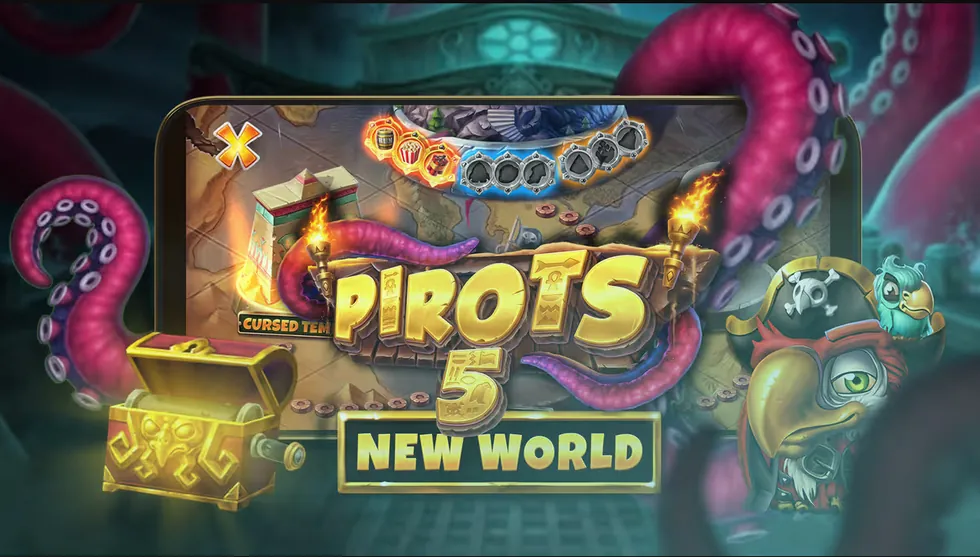 Pirots 5 The Kraken en el móvil con el selector de mundo Cursed Temple arriba