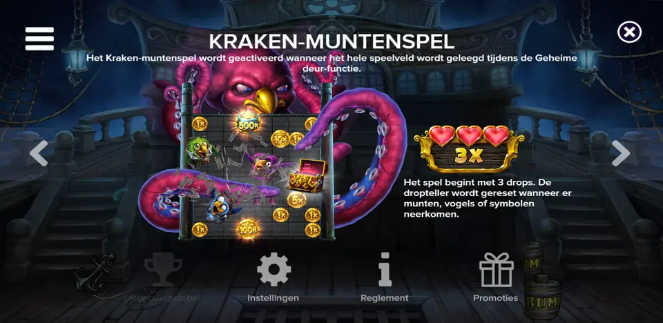 Pantalla informativa con las trampas de Pirots 5 The Kraken: flechas, ancla y puerta secreta