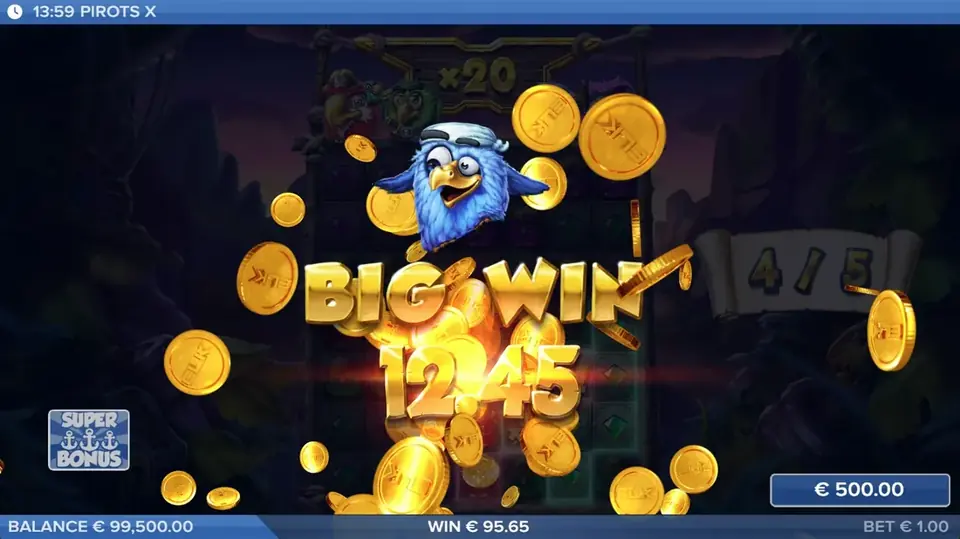 Pantalla de gran victoria de Pirots X con animación de ganancia