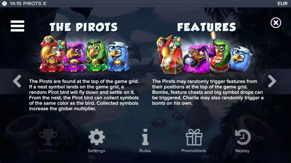 Tabla de pagos de Pirots X nivel 3 con símbolos y valores